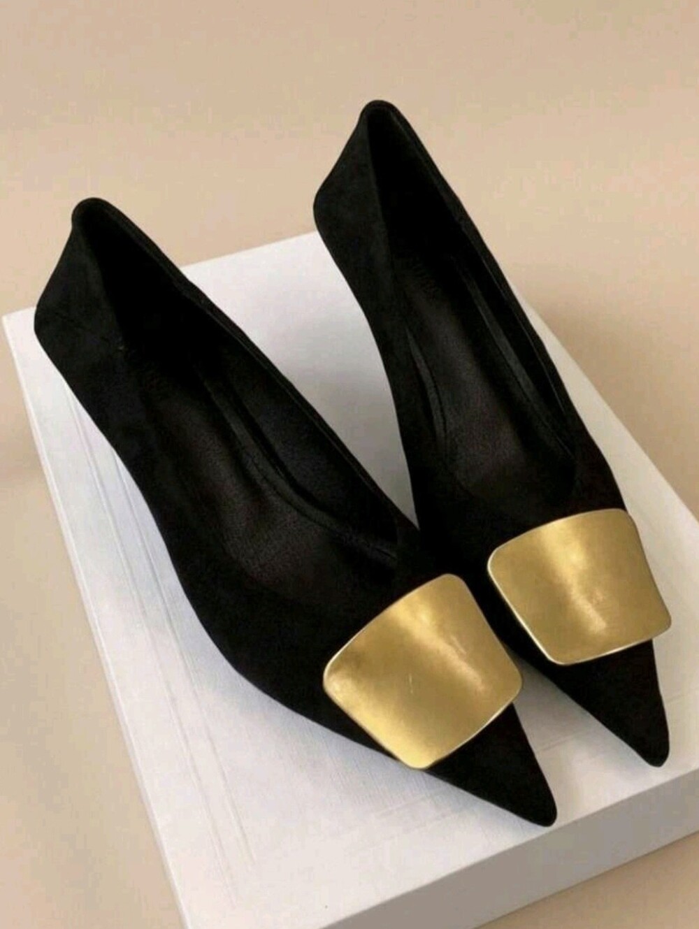 Pointed Toe Suede Metal Square Buckle Low Vamp Stiletto High Heel Pumps Women's